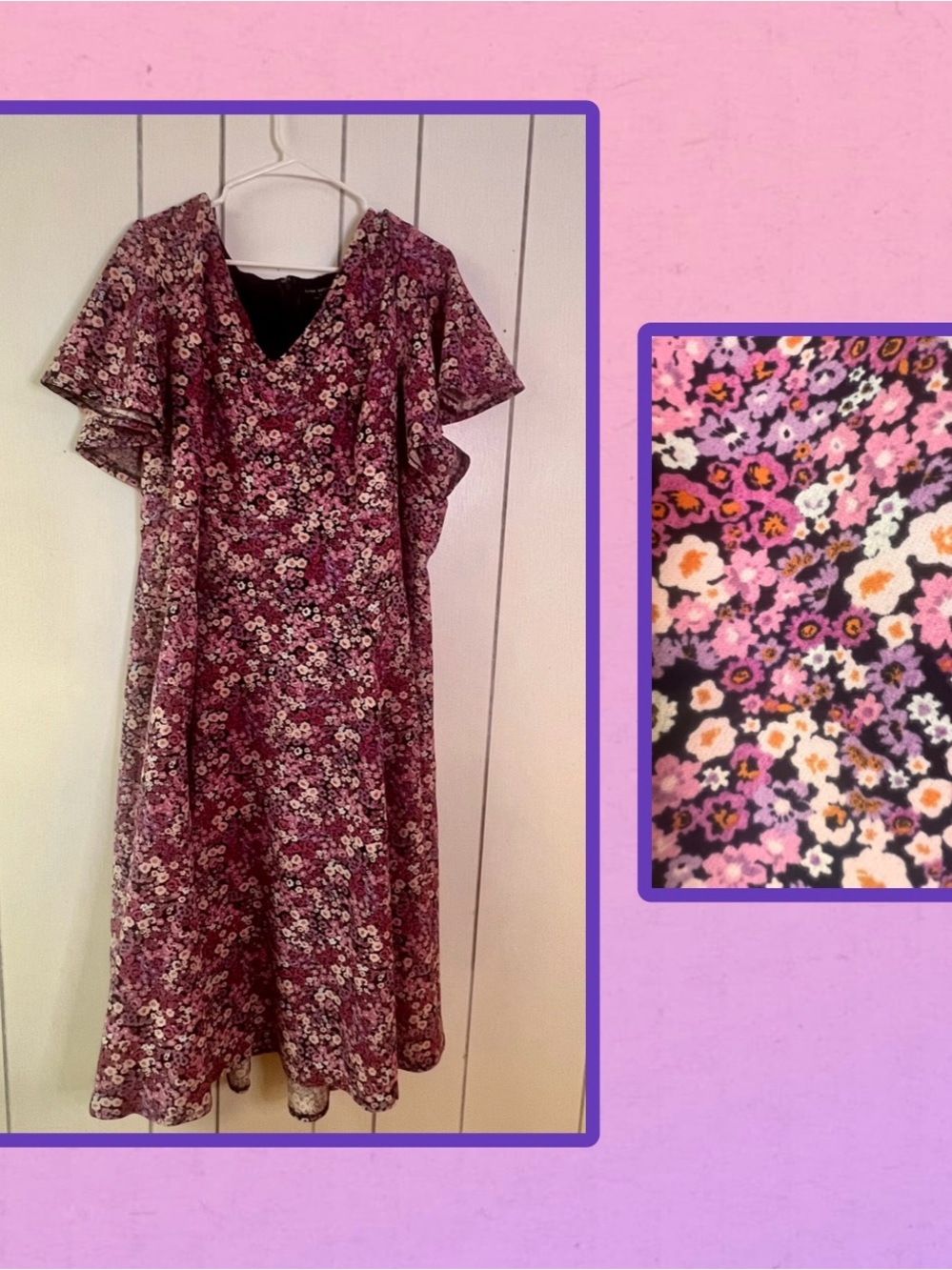 Lane Bryant Purple Floral Flutter Sleeve V-Neck Midi Dress Size 26